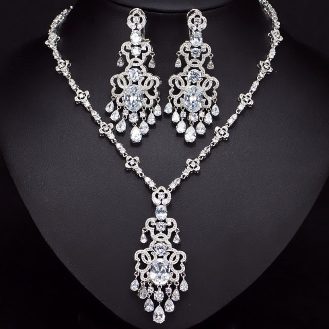 Top Quality Royal Cubic Zirconia Big Statement Earring Necklace Set-Evening-Jewelry