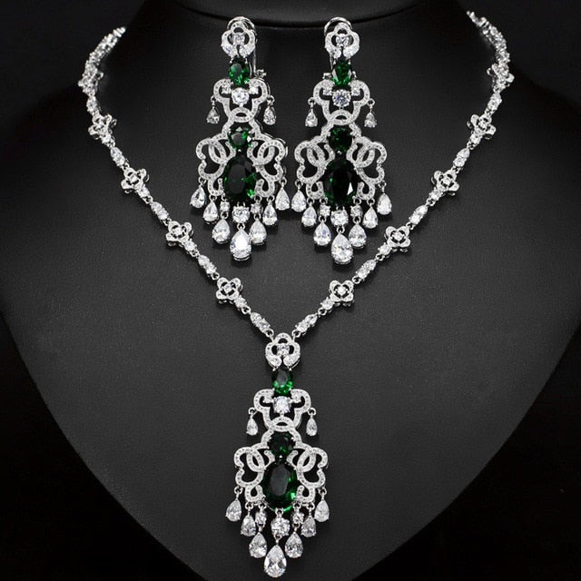 Top Quality Royal Cubic Zirconia Big Statement Earring Necklace Set-Evening-Jewelry