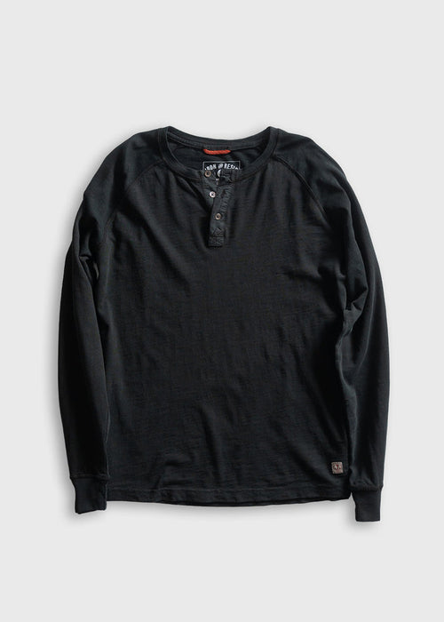 Black long-sleeve henley shirt with buttoned placket, displayed on a gray background. Simple, casual design for everyday wear.