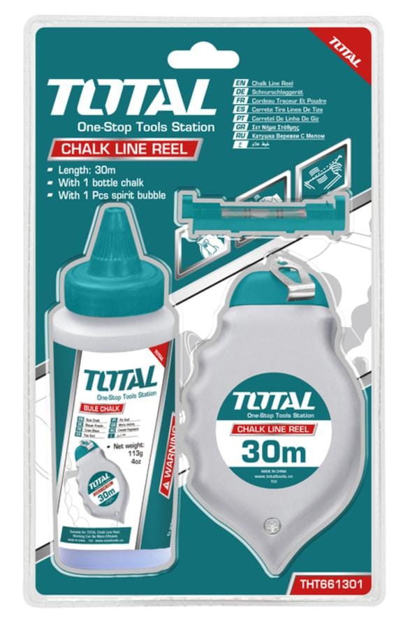 Total Chalk Line Reel includes 30m Chalk Line, Bottle Chalk 4oz and Spirit Bubble THT661301 Mega