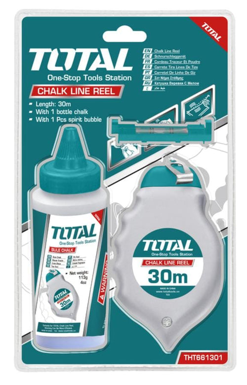 Total Chalk Line Reel includes 30m Chalk Line, Bottle Chalk 4oz and Spirit Bubble THT661301 Mega