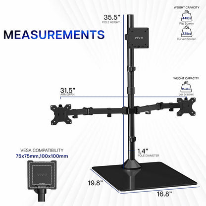 VIVO triple monitor desk stand with measurements and specifications on a white background