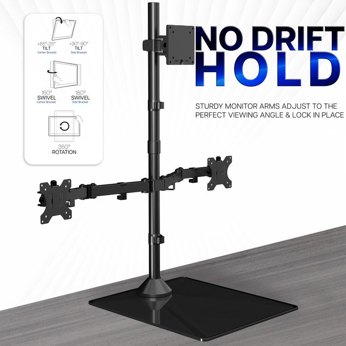 Black triple monitor stand with adjustable arms on a gray desktop, featuring text 'NO DRIFT HOLD' and product features.