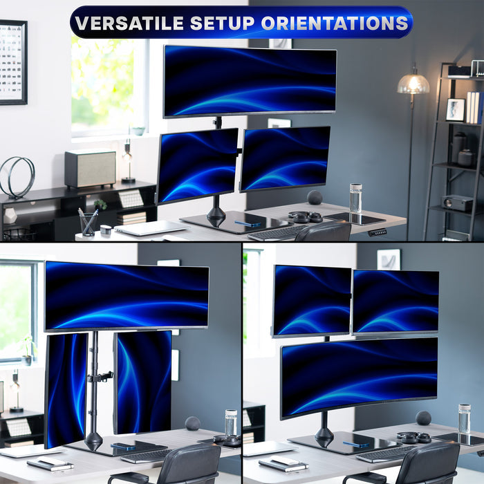 Collage of multiple computer monitor setups on a desk with 'Versatile Setup Orientations' text.
