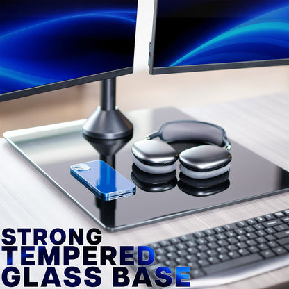 Strong tempered glass base on a desk providing a stable and secure hold.