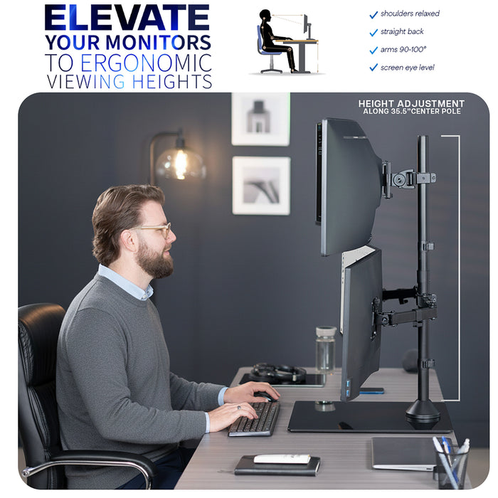 Person at a desk with an ergonomic triple monitor stand in an office setting