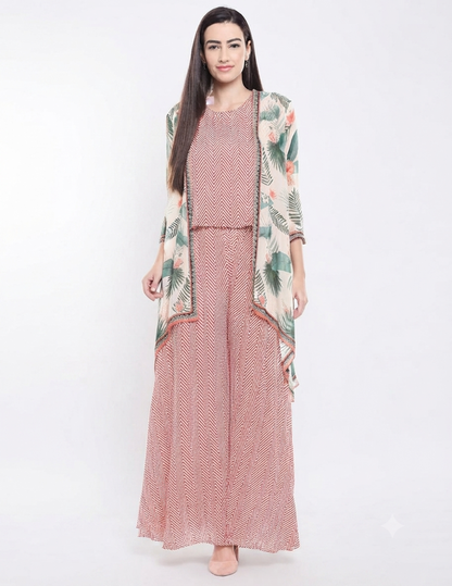 Red Printed Sequin Palazzo Set With Tropical Printed Jacket featuring a sequin top, flared palazzos, and cream tropical printed georgette jacket for women.