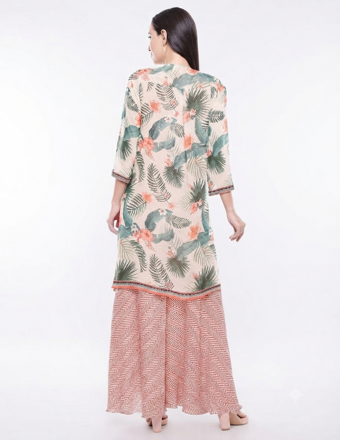 Red Printed Sequin Palazzo Set With Tropical Printed Jacket featuring a sequin top, flared palazzos, and cream tropical printed georgette jacket for women.