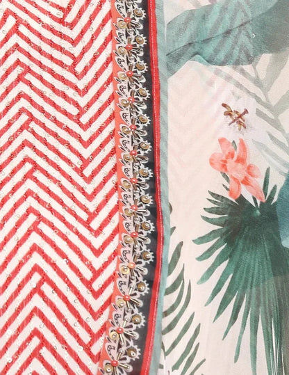 Red Printed Sequin Palazzo Set With Tropical Printed Jacket featuring a sequin top, flared palazzos, and cream tropical printed georgette jacket for women.