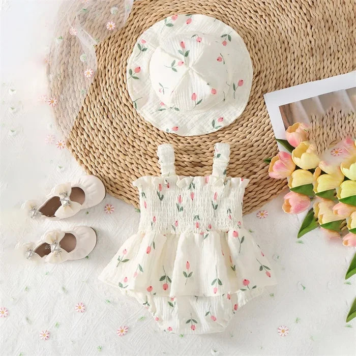 TULIP Smocked Romper with Sun Hat