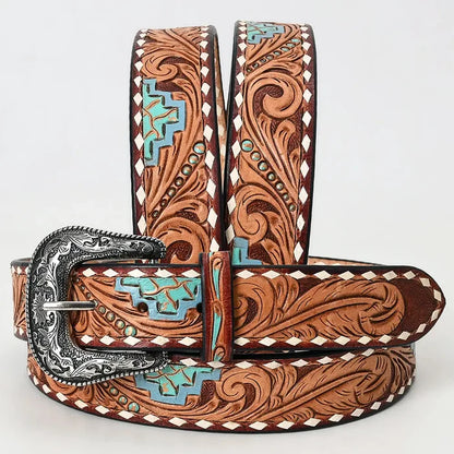Turquoise Aztec Tooled Leather Belt with Whipstitch and Engraved Buckle