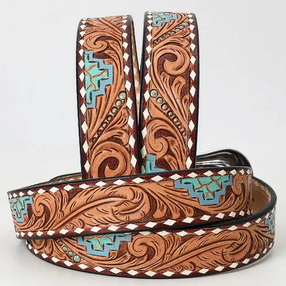 Turquoise Aztec Tooled Leather Belt with Whipstitch and Engraved Buckle