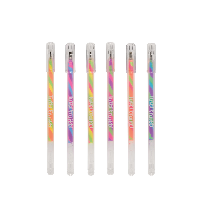 Set of six OOLY Tutti Fruitti Scented Gel Pens with rainbow designs on a white background