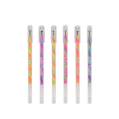 Set of six OOLY Tutti Fruitti Scented Gel Pens with rainbow designs on a white background