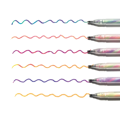 Row of OOLY Tutti Fruitti Scented Gel Pens with squiggly swatch lines showing multi colors
