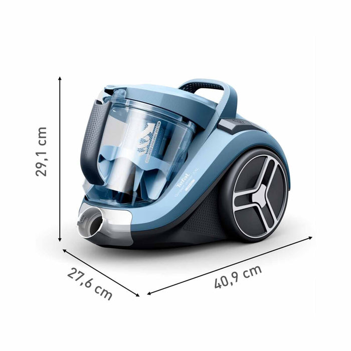 Blue and black vacuum cleaner with dimensions indicated on a white background