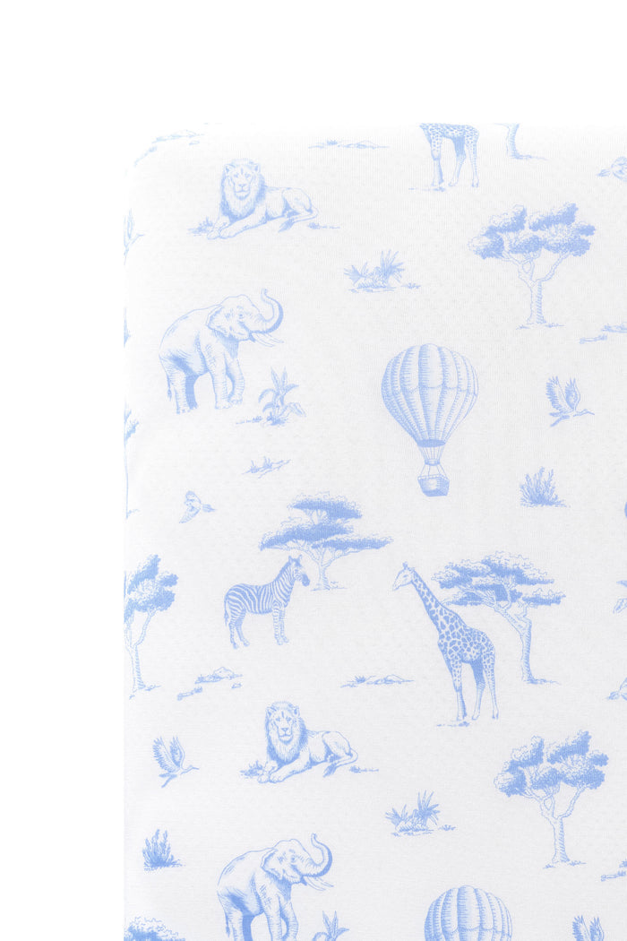 Close up of the Twin Sheet in Toile Safari on a mattress
