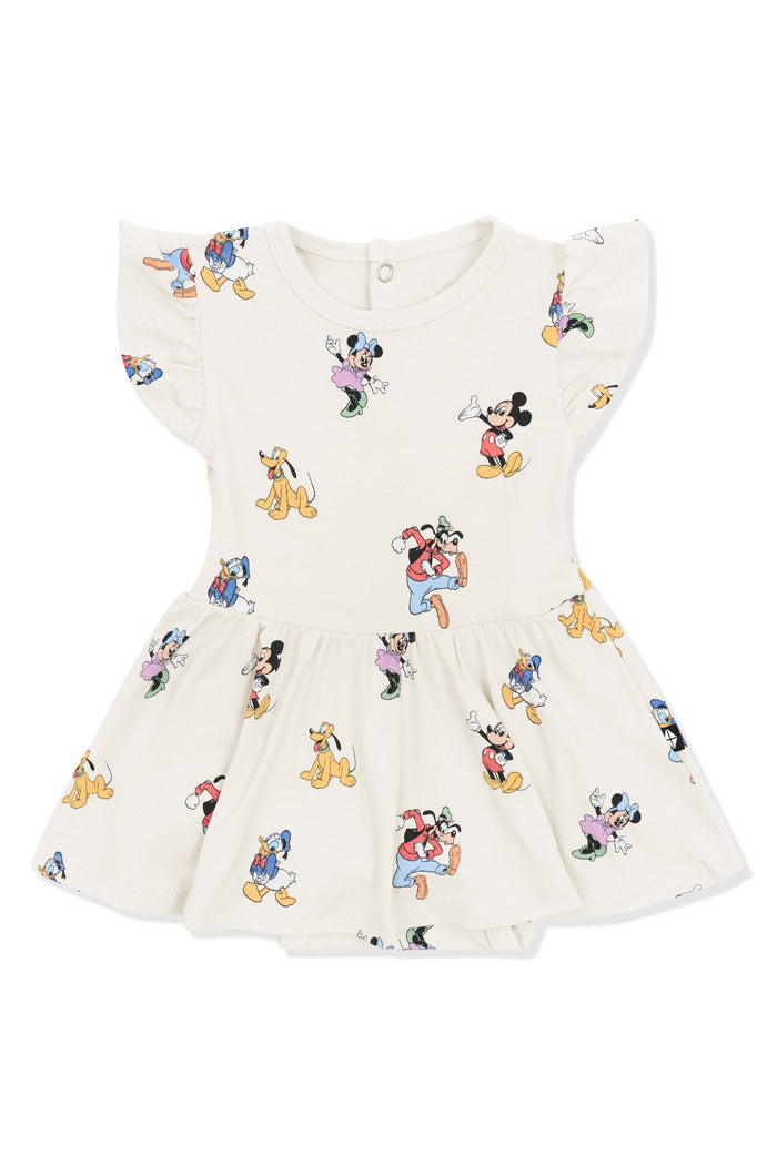 Twirl Bodysuit Dress with Mickey Mouse and Friends print on an oat background