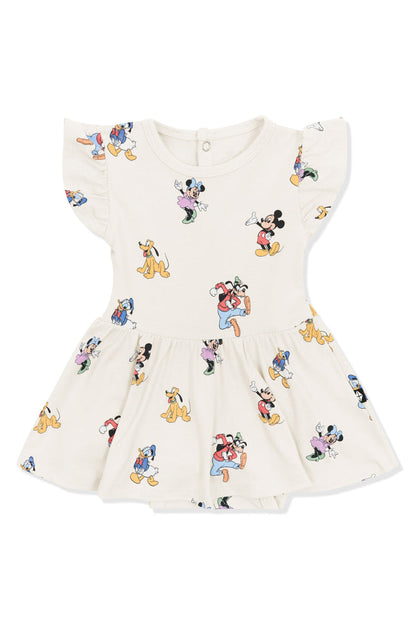 Twirl Bodysuit Dress with Mickey Mouse and Friends print on an oat background