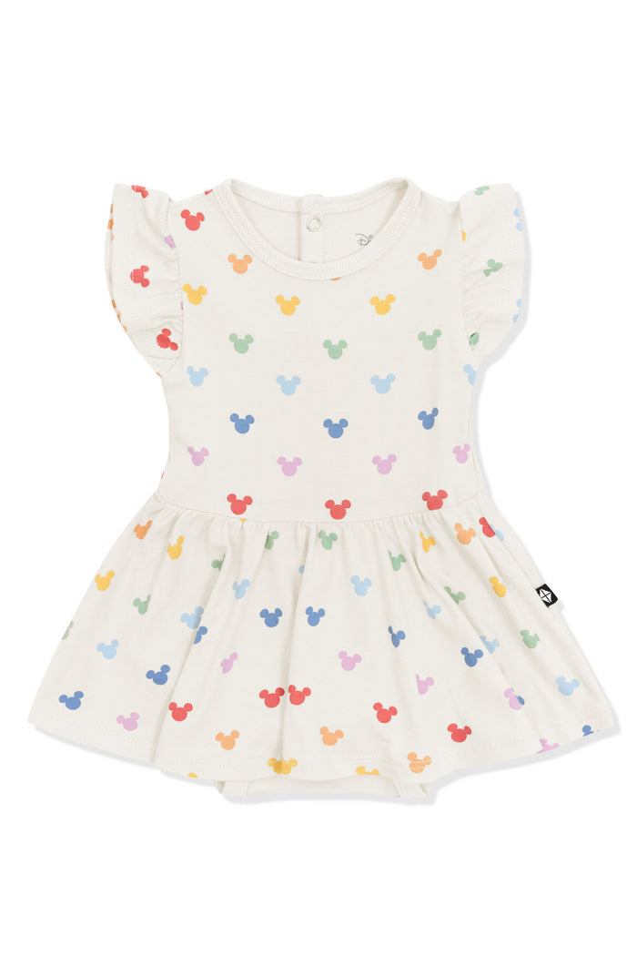 Twirl Bodysuit Dress with Pastel Mickey Mouse pattern on an oat background