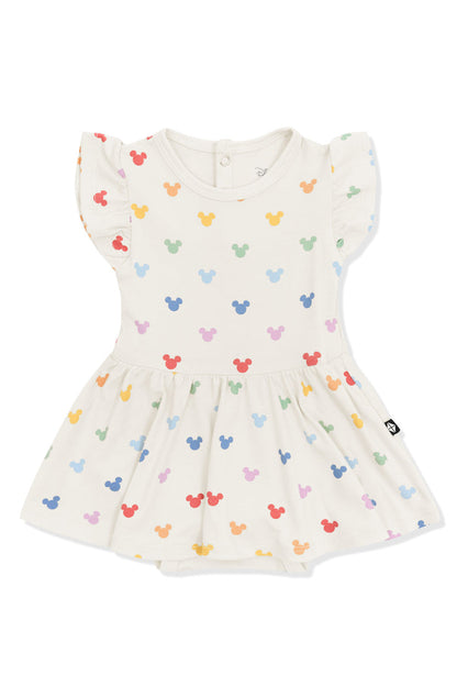 Twirl Bodysuit Dress with Pastel Mickey Mouse pattern on an oat background