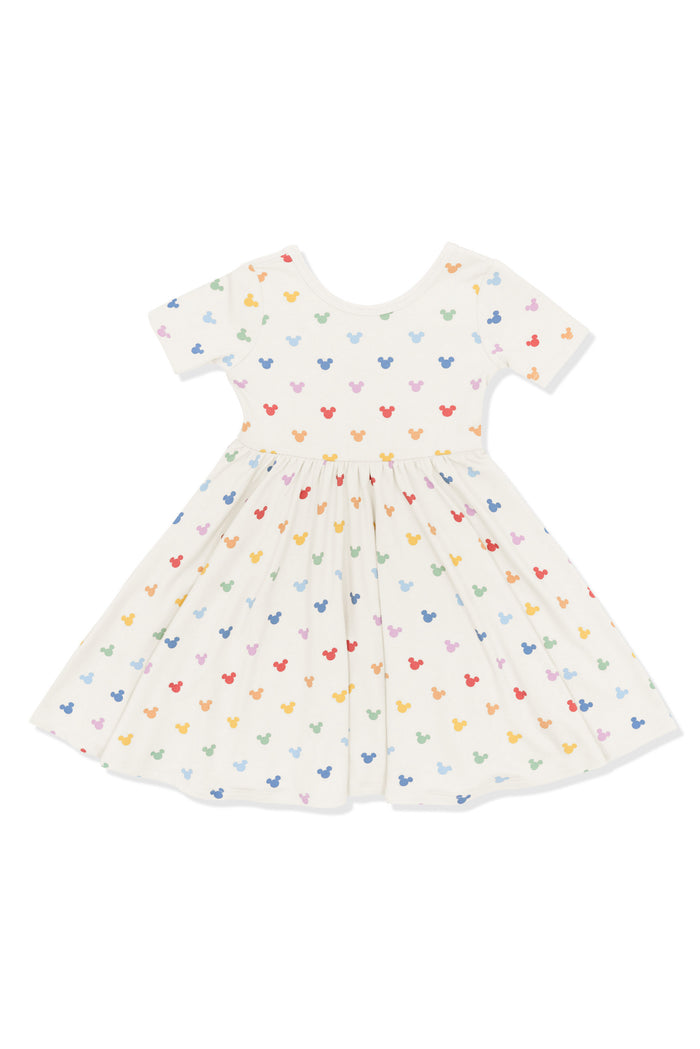 Twirl Dress with Pastel Mickey Mouse pattern on an oat background