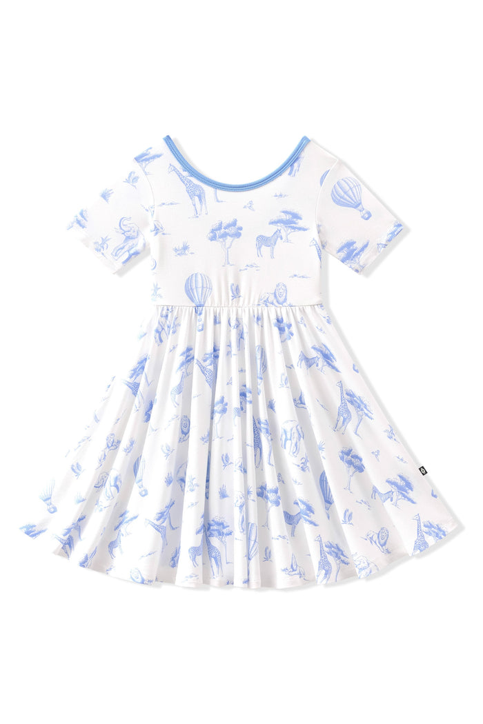 Product photo of the Twirl Dress in Toile Safari on a white surface