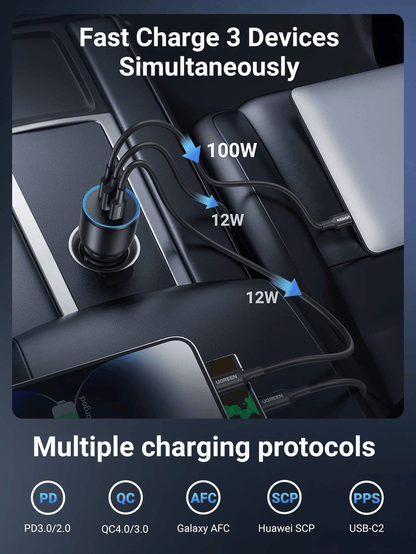 UGREEN 130W 3-Port PD 100W PD3.0/QC4.0/PPS Fast Car Charger - UGREEN