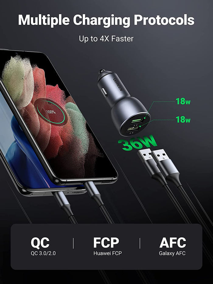 Ugreen 36W QC3.0 Car Charger with USB C Cable Dual USB Ports - UGREEN