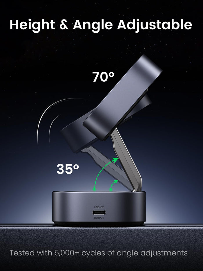 UGREEN MagFlow 2-in-1 Wireless Charger with magnetic design and magsafe compatible stand, featuring adjustable height and angle from 35° to 70° for optimal viewing while delivering stable Qi2 15W wireless charging.