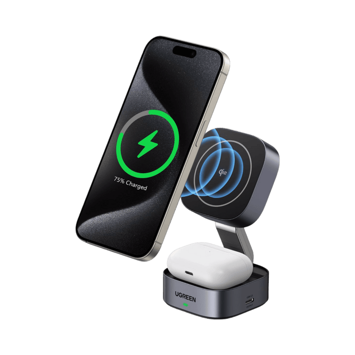 UGREEN MagFlow 2-in-1 Wireless Charger (Qi2 15W, MagSafe, Foldable)