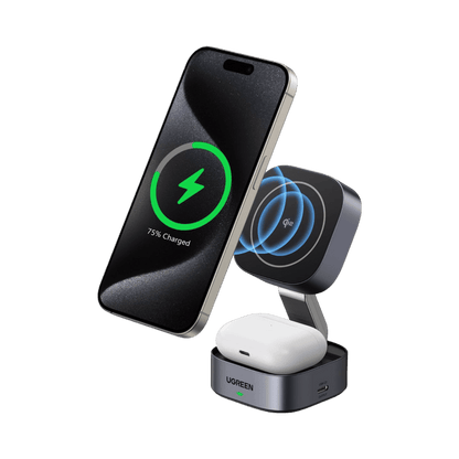 UGREEN MagFlow 2-in-1 Wireless Charger (Qi2 15W, MagSafe, Foldable)