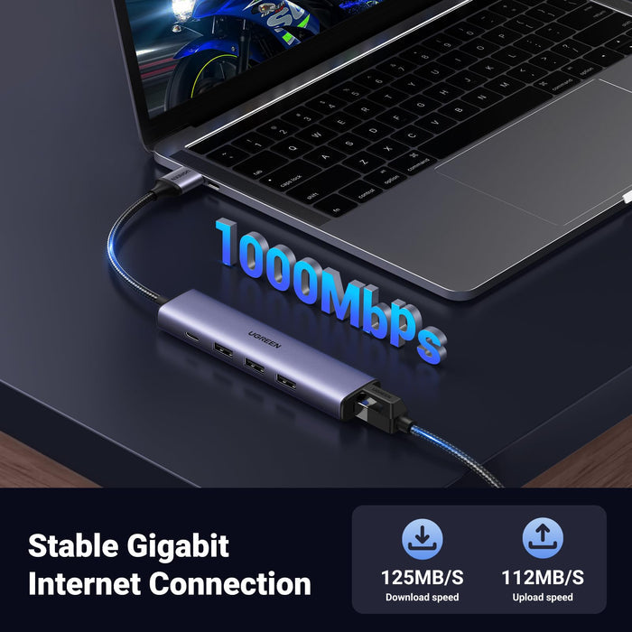 UGREEN USB 3.0 to Ethernet Adapter, 5 in 1 Multiport Hub with Gigabit RJ45 and Type-C Power Port, LAN Network Adapter Compatible with Laptop PC MacBook Mac Mini Surface XPS Windows Linux MacOS - UGREEN EU