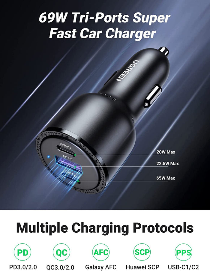 UGREEN USB C Car Charger 69W 3-Ports Cigarette Lighter - UGREEN