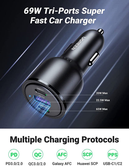 UGREEN USB C Car Charger 69W 3-Ports Cigarette Lighter - UGREEN