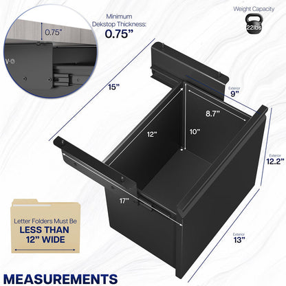 Black under desk filing cabinet with measurements on a white background