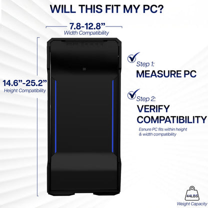 Measurement guide for product compatibility with a PC, showing width and height compatibility ranges.