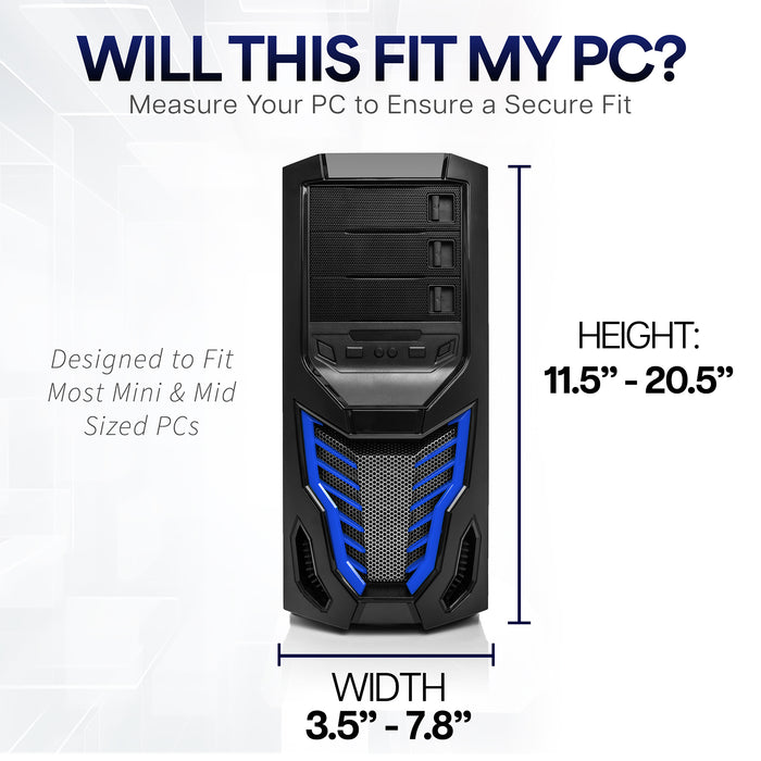 Computer case with dimensions and text about fitting a PC
