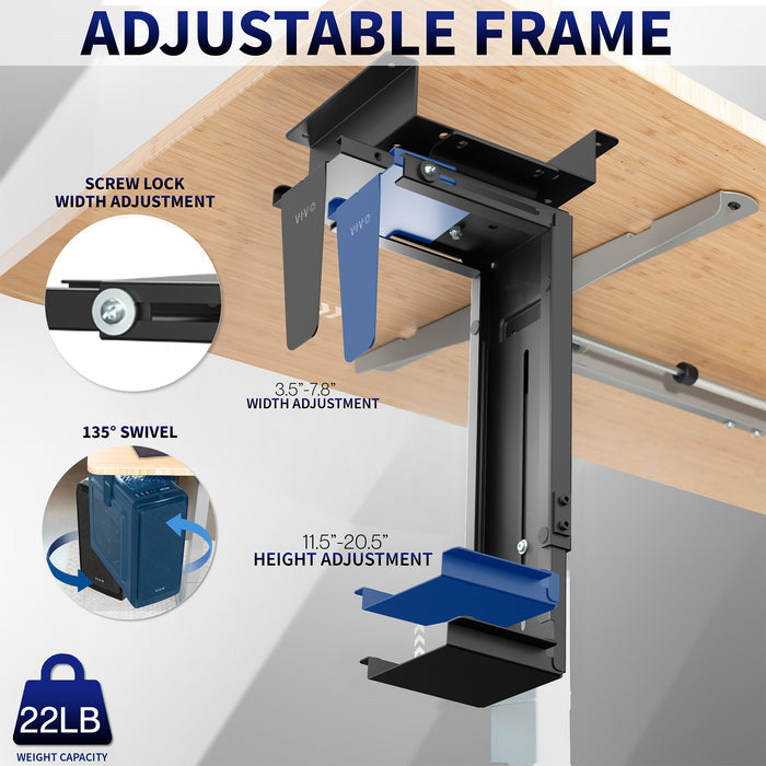Adjustable frame with screw lock, width adjustment, swivel, and height adjustment features on a wooden table.