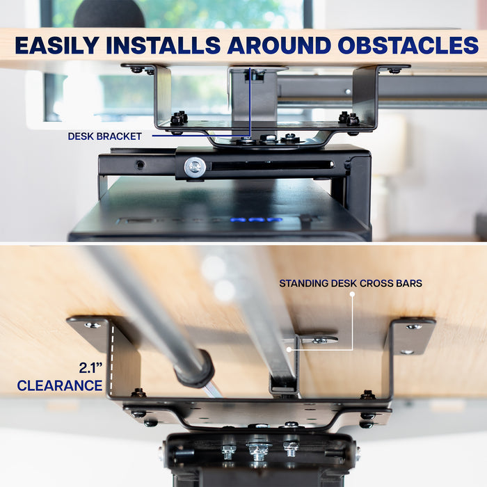Spacer bracket installation around standing desk cross bars with text indicating ease of installation.