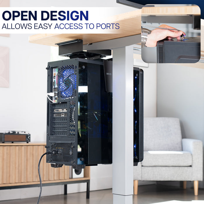 Modern desk with open computer case in an under-desk PC mount and text 'Open Design Allows Easy Access to Ports'.
