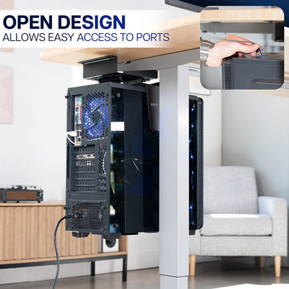 Modern desk with open computer case in an under-desk PC mount and text 'Open Design Allows Easy Access to Ports'.