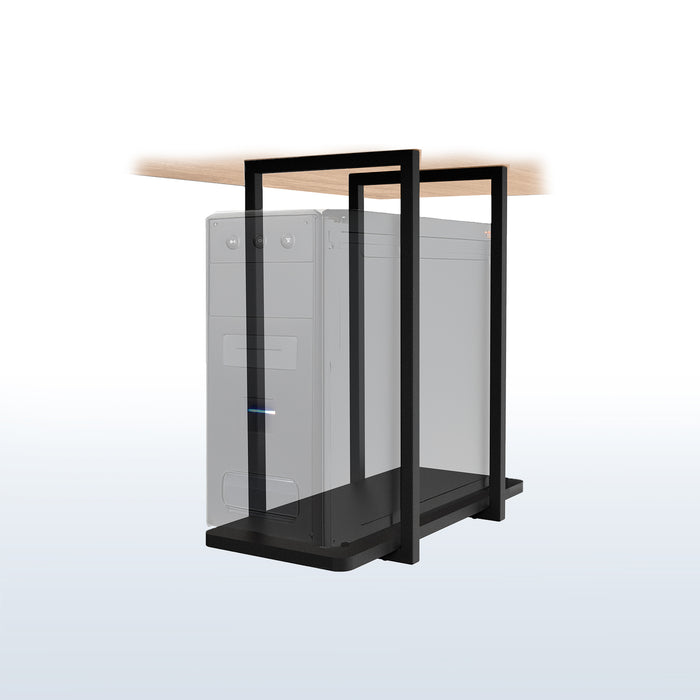 Computer case with transparent side panel and black frame on a white background