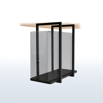 Computer case with transparent side panel and black frame on a white background