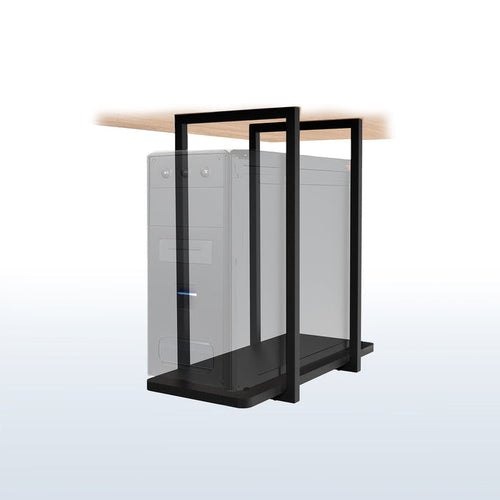 Computer case with transparent side panel and black frame on a white background