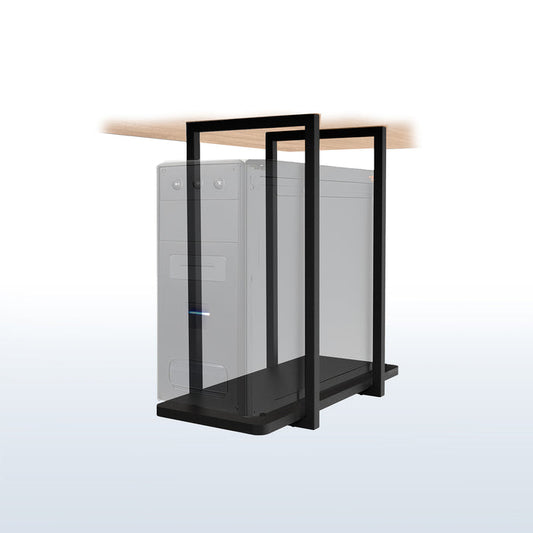 Computer case with transparent side panel and black frame on a white background