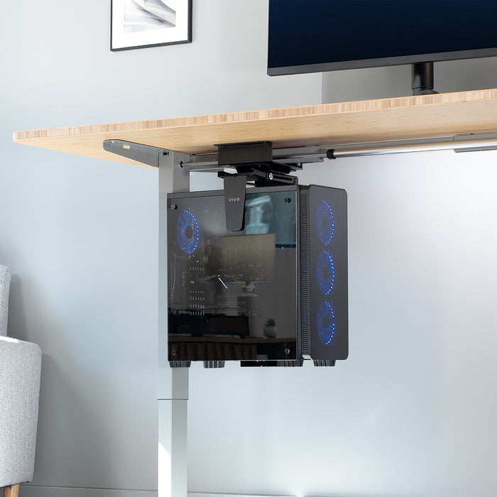 Under Desk Spacer Bracket mounted with PC mount and PC.