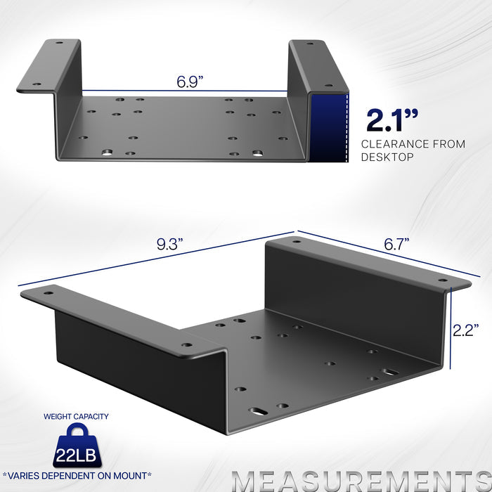 Under Desk Spacer Bracket for VIVO PC Mounts with measurements on a white background