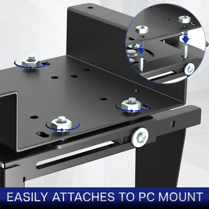Spacer mount installation showing bolts and a close-up inset, with text 'Easily Attaches to PC Mount'.