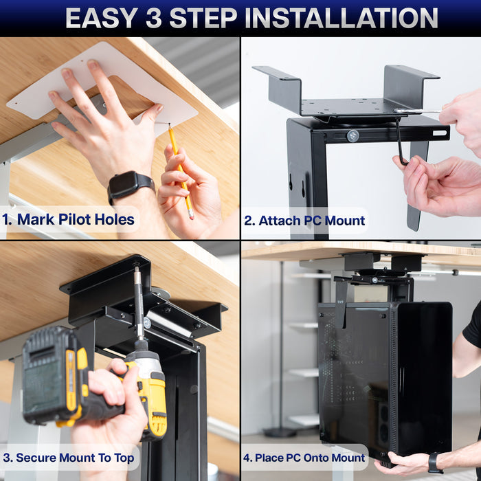 Step-by-step installation guide for the spacer bracket for PC mounts with text 'EASY 3 STEP INSTALLATION'.